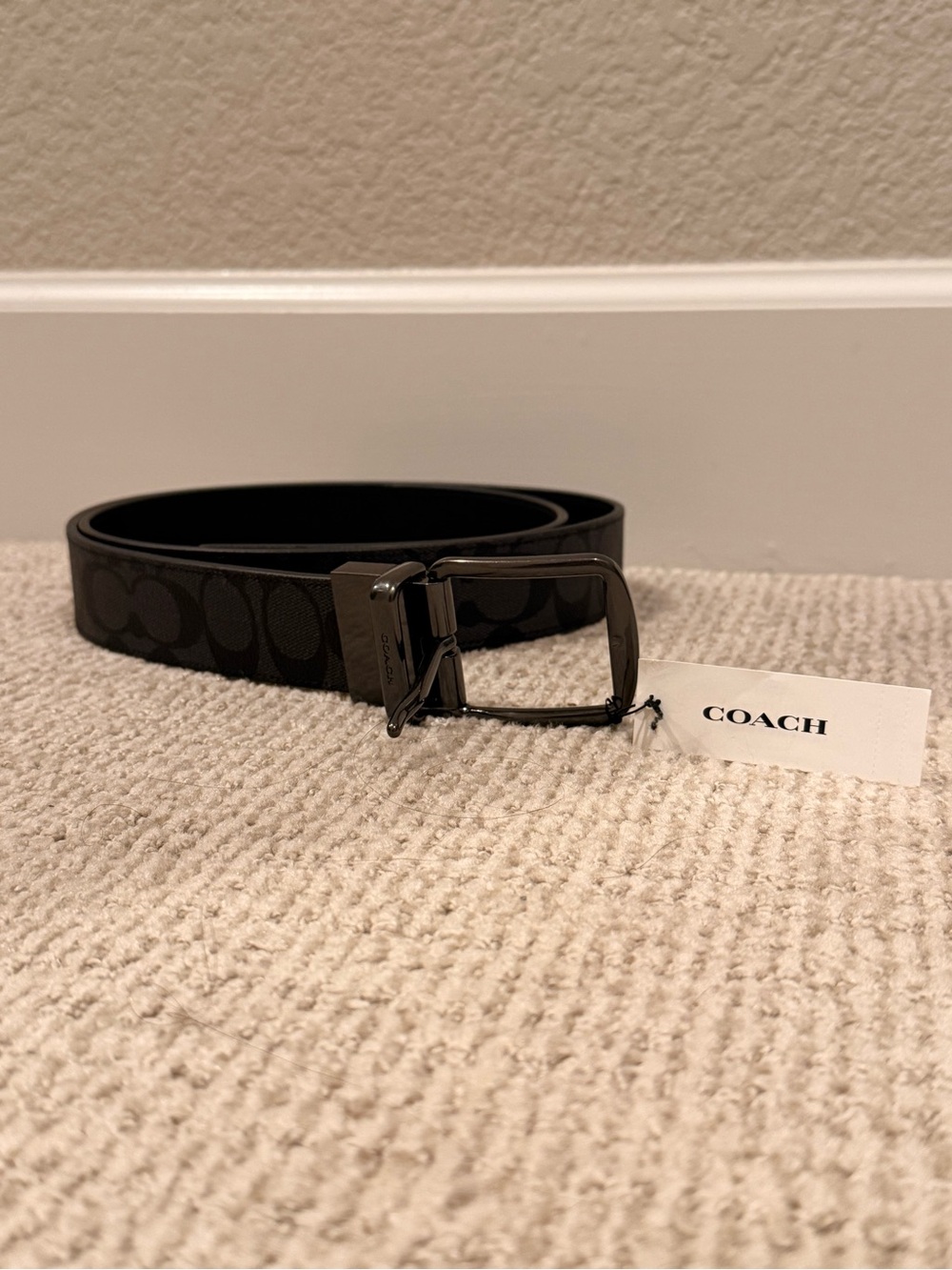 Coach Men’s Black Signature Pattern Belt with Gunmetal Buckle